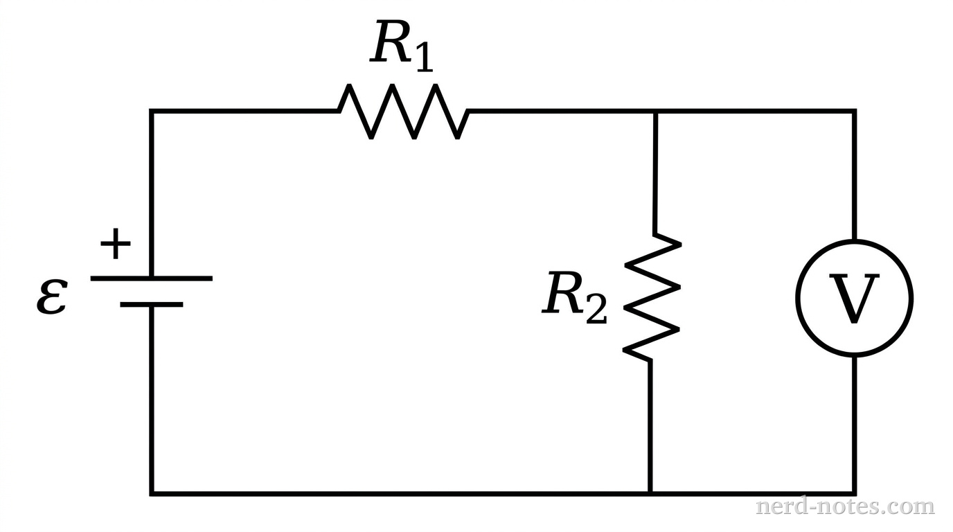 A schematic circuit diagram containing an ideal DC voltage source labeled \varepsilon on the left vertical wire with its positive terminal at the top. The top horizontal wire connects to a resistor labeled R_1. To the right of R_1, the wire splits into a parallel branch containing resistor R_2 on the left and a circle with a capital V inside representing a voltmeter on the right. The bottom wire connects the parallel branch back to the negative terminal of the voltage source. No other labels, lines, text, or axes appear.