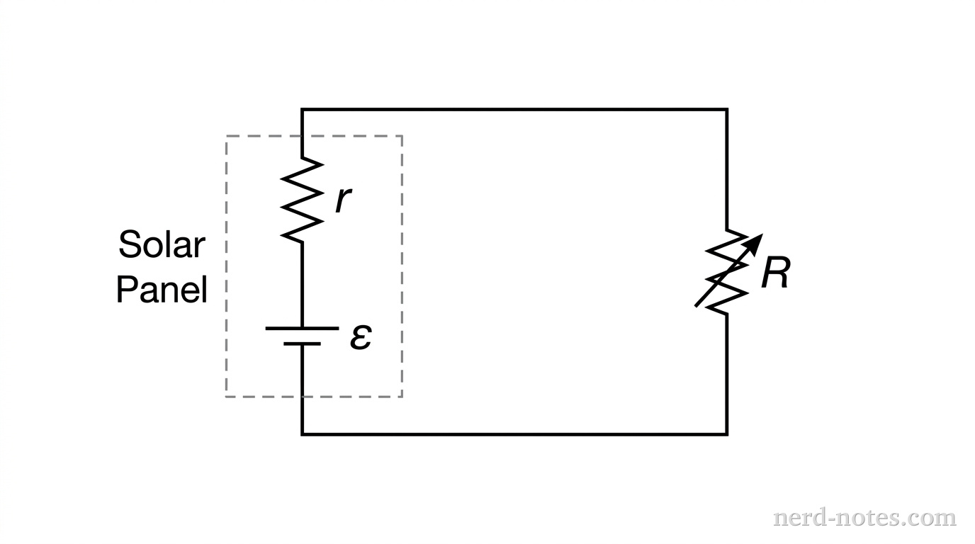 A single-loop schematic circuit. On the left branch is an ideal DC voltage source labeled \varepsilon with its positive terminal at the top, in series with a resistor labeled r. A dashed rectangular box encloses both \varepsilon and r, labeled 'Solar Panel'. On the right branch, connected across the terminals of the dashed box, is a single variable resistor labeled R. Connecting wires form a simple closed rectangular loop. No other labels, lines, text, or axes appear.