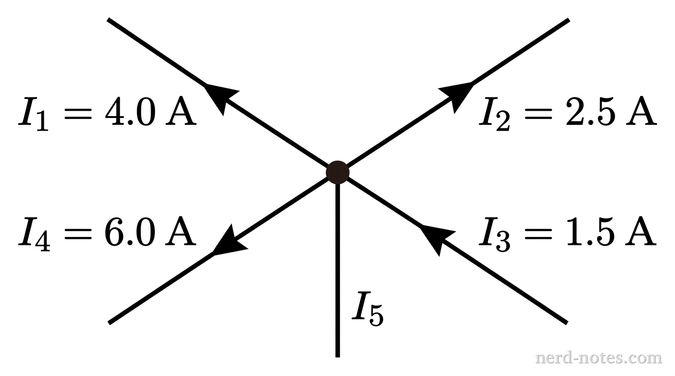 A central junction node represented by a solid dark circle. Five straight wire lines meet at this central node. Wire 1 extends up and left with an arrow pointing toward the node labeled I_1 = 4.0 A. Wire 2 extends up and right with an arrow pointing away from the node labeled I_2 = 2.5 A. Wire 3 extends down and right with an arrow pointing toward the node labeled I_3 = 1.5 A. Wire 4 extends down and left with an arrow pointing away from the node labeled I_4 = 6.0 A. Wire 5 extends straight down from the node with no arrow, labeled I_5. No other labels, lines, text, or axes appear.
