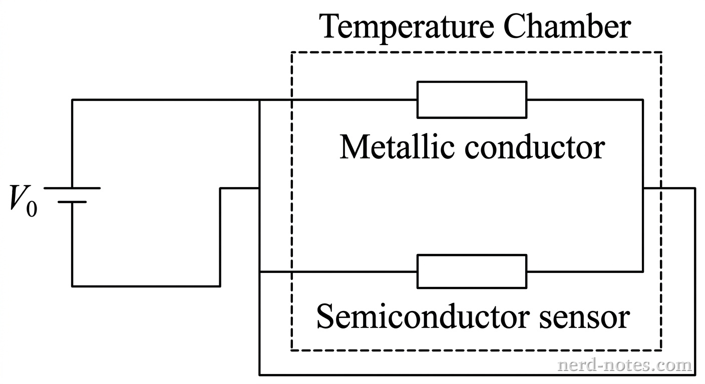 A schematic diagram of a parallel circuit with an ideal constant voltage source labeled V_0 on the vertical left wire segment. The circuit extends to the right and splits into two horizontal parallel branches that pass into a rectangular box outlined by a dashed line labeled 'Temperature Chamber'. The top branch contains a rectangular resistor symbol labeled 'Metallic conductor'. The bottom branch contains a rectangular resistor symbol labeled 'Semiconductor sensor'. Plain solid lines connect the components into closed loops. No other labels, lines, text, or symbols appear.