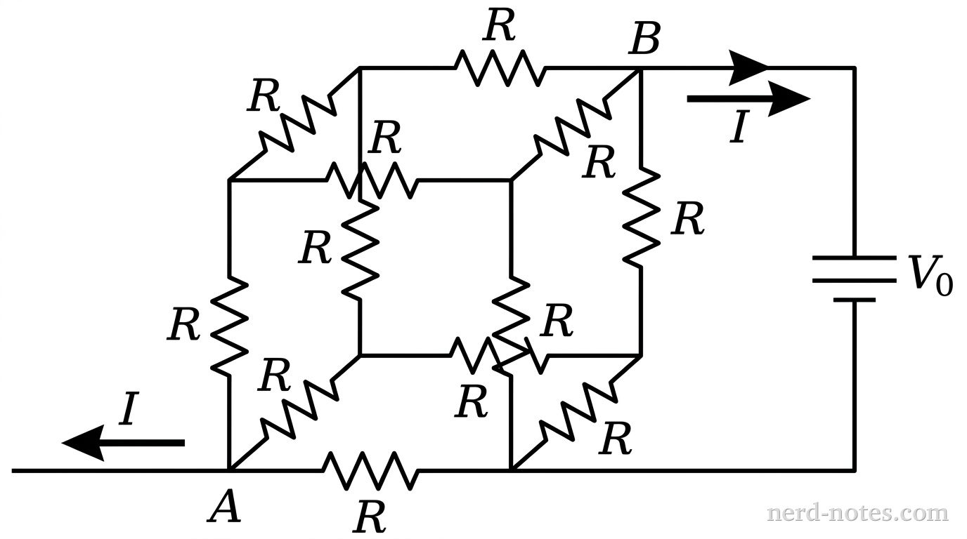 A three-dimensional schematic representation of a cube whose 12 edges each contain a resistor labeled R. Vertex A is located at the front-bottom-left corner of the cube, and vertex B is located at the back-top-right corner along the body diagonal. Wires extend outward from vertex A and vertex B to connect to an ideal battery of voltage V_0 outside the cube. Arrows show entry current I at vertex A and exit current I at vertex B. No other labels, lines, text, or axes appear.