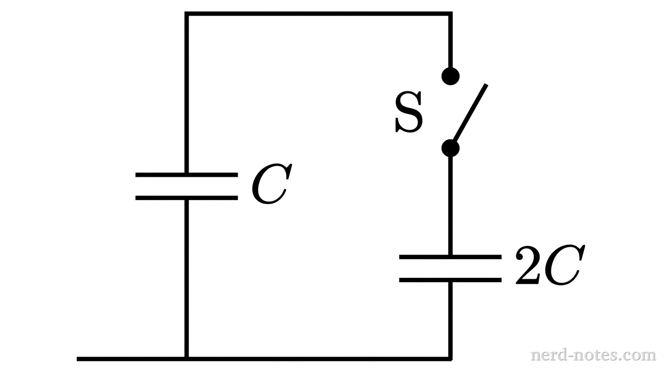 A schematic of a capacitor circuit consisting of two parallel vertical branches. The left vertical branch contains a parallel-plate capacitor labeled C. The right vertical branch contains an open switch labeled S at the top and a parallel-plate capacitor labeled 2C below it. The top terminals of both branches are connected by a horizontal wire, and the bottom terminals are connected by a horizontal wire. No voltage source is present. No other labels, lines, text, or axes appear.