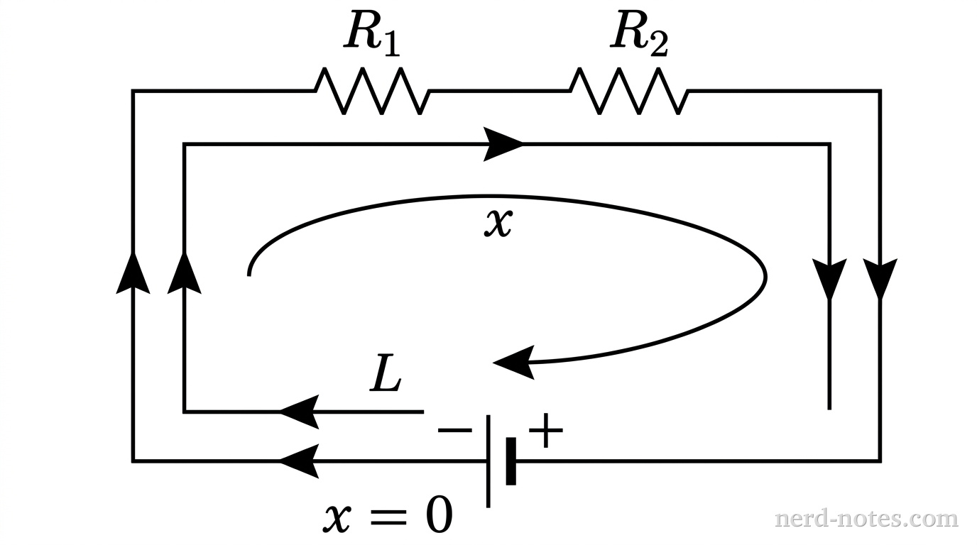A rectangular circuit loop diagram with a battery on the bottom wire. The negative terminal on the left is labeled x = 0, and the positive terminal is on the right. The top branch contains resistor R_1 followed by resistor R_2 in series. Clockwise directional arrows indicate the path of position x around the loop from 0 to L.