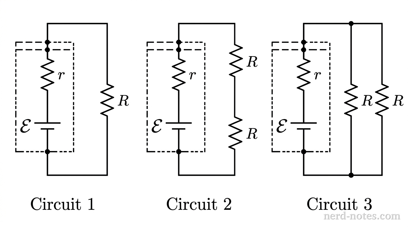 Three circuit diagrams labeled Circuit 1, Circuit 2, and Circuit 3 arranged horizontally side by side. In each circuit, a real battery is drawn as a dashed rectangular outline containing an ideal DC voltage source labeled \(\mathcal{E}\) connected in series with an internal resistor labeled \(r\). Terminals marked as dots sit on the top and bottom wire boundaries of each dashed box. Circuit 1 shows the battery terminals connected to a single external resistor labeled \(R\). Circuit 2 shows the battery terminals connected to two external resistors labeled \(R\) connected in series. Circuit 3 shows the battery terminals connected to two external resistors labeled \(R\) connected in parallel branches. No other labels, lines, text, or axes appear.