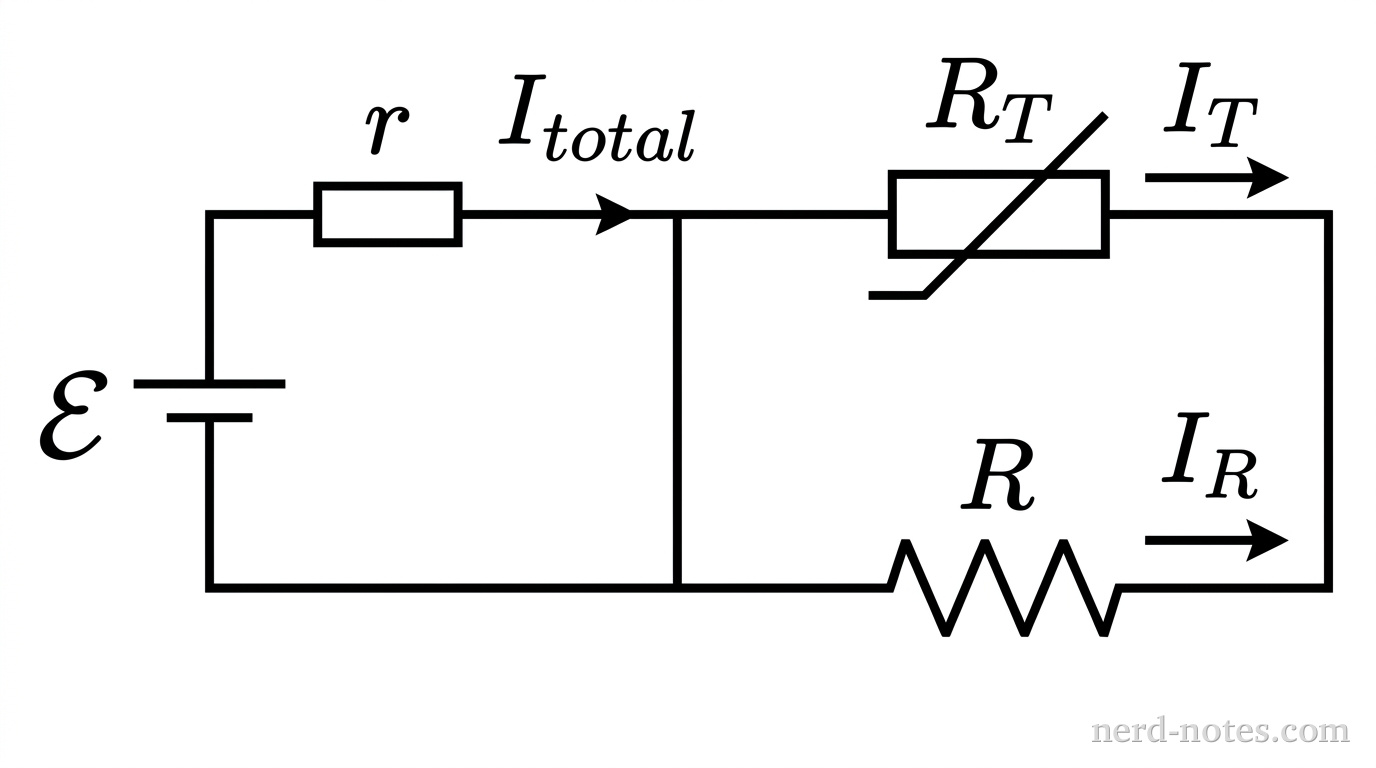 A schematic circuit diagram drawn in black lines on a white background. On the left, an ideal DC voltage source labeled \mathcal{E} is in series with a small resistor labeled r representing internal resistance. This series combination connects to a parallel network consisting of two horizontal branches. The upper branch contains a thermistor symbol, represented as a rectangular box with a diagonal line through it, labeled R_T, with an arrow labeled I_T pointing to the right. The lower branch contains a standard zig-zag resistor symbol labeled R, with an arrow labeled I_R pointing to the right. An arrow labeled I_{total} points to the right entering the parallel junction. No other labels, text, or axes appear.