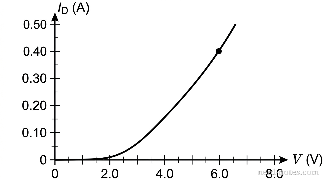 Current I_D versus potential difference V for the non-ohmic element.