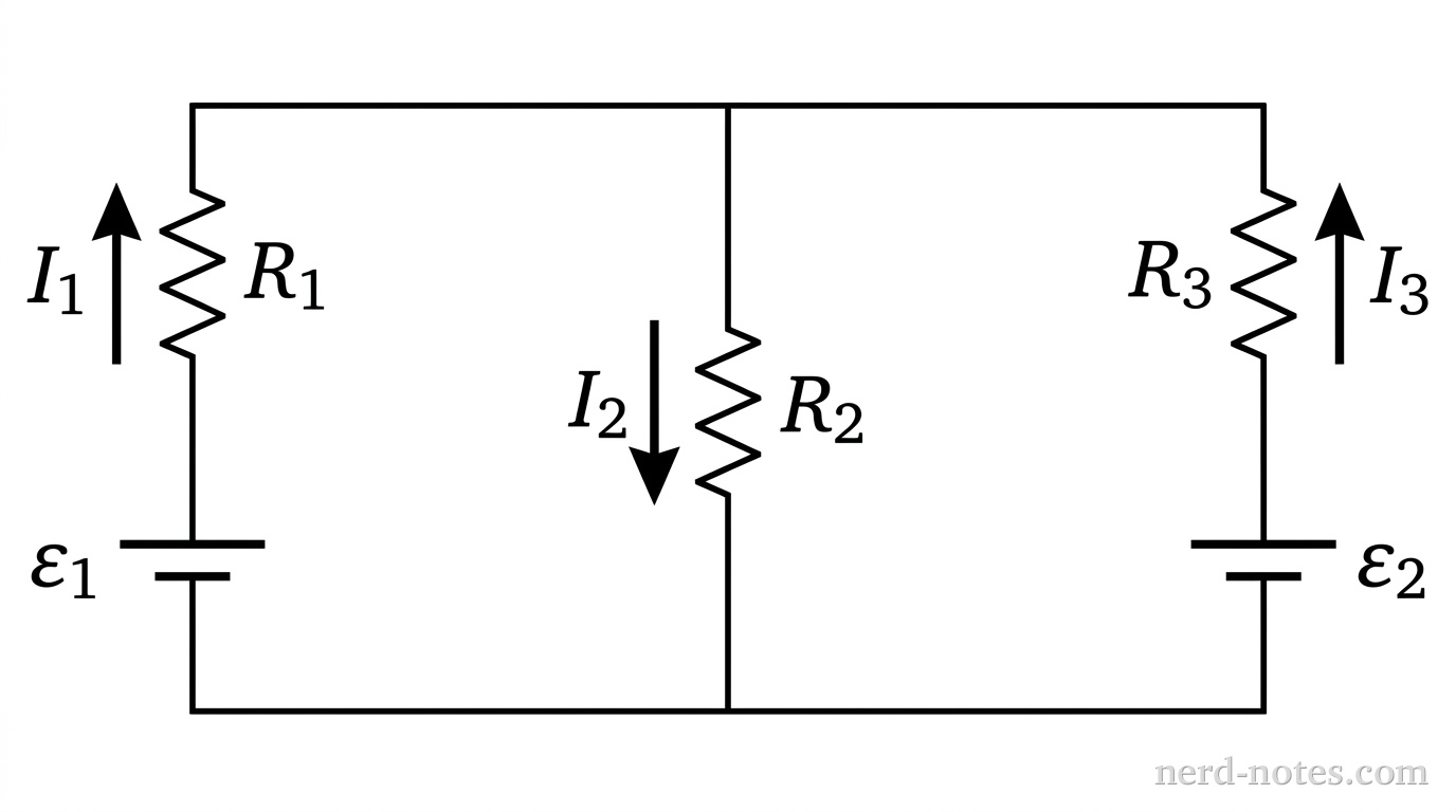 A circuit schematic displaying a rectangular multi-loop layout with two adjacent loops sharing a central vertical wire. The outer perimeter forms a horizontal rectangle. The left vertical branch contains a battery labeled \(\varepsilon_1\) with its longer positive plate on top and shorter negative plate below, and a resistor labeled \(R_1\) above the battery. An upward arrow beside this branch is labeled \(I_1\). The central vertical branch contains a resistor labeled \(R_2\), with a downward arrow beside it labeled \(I_2\). The right vertical branch contains a resistor labeled \(R_3\) on top and a battery labeled \(\varepsilon_2\) below it with its longer positive plate on top and shorter negative plate below. An upward arrow beside the right branch is labeled \(I_3\). No other labels, lines, text, or axes appear.