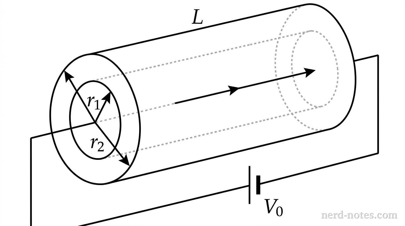 A 3D perspective line drawing of a hollow cylindrical tube of length L aligned horizontally along a central axis. The left circular face shows an inner circular opening of radius r_1 and an outer boundary of radius r_2. Dashed lines indicate the inner cylindrical wall running along the length L. Two electrical wires extend from the left and right flat ends of the hollow tube, connecting to a DC voltage source labeled V_0. An arrow along the central axis indicates the direction of conventional current from left to right. No other labels, lines, text, or axes appear.