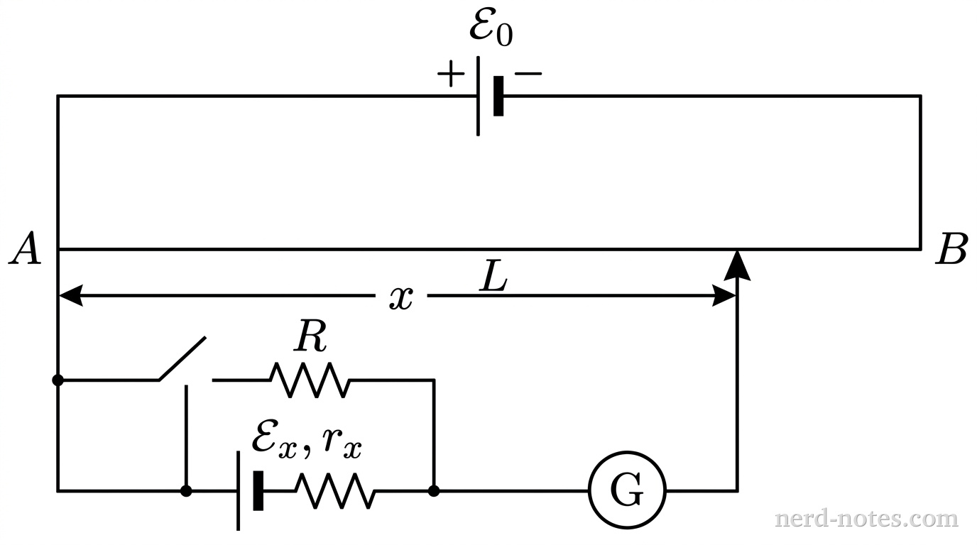 A schematic diagram of a slide-wire potentiometer circuit. At the top, a driver cell of emf \(\mathcal{E}_0\) is connected in series with a uniform resistance wire stretching horizontally from point A on the left to point B on the right, with total length L. Below the wire, a secondary circuit connects point A to the positive terminal of a battery with emf \(\mathcal{E}_x\) and internal resistance r_x. A resistor of resistance R is connected in parallel across the terminals of this battery with an open switch. The negative terminal of the battery connects through a galvanometer G to a sliding contact jockey that touches the wire at a distance x from point A. No other components appear.