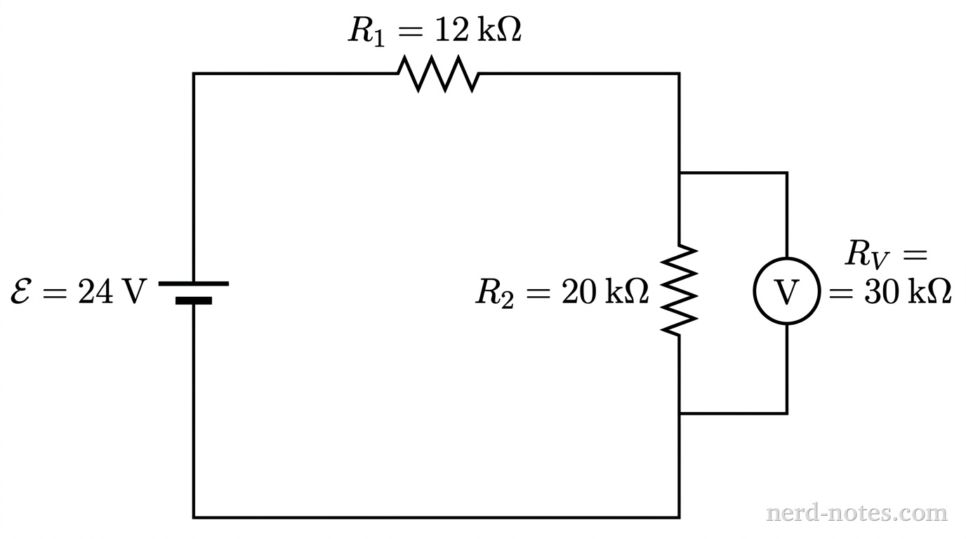 Circuit schematic with a non-ideal voltmeter.