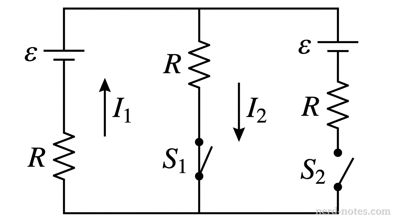 A schematic diagram of a dual-loop rectangular circuit with three parallel vertical branches connected by top and bottom horizontal lines. The left vertical branch contains an ideal battery labeled \(\varepsilon\) with the long positive line at the top, in series above a resistor labeled \(R\); a vertical arrow pointing upward next to this branch is labeled \(I_1\). The middle vertical branch contains a resistor labeled \(R\) in series with a closed switch labeled \(S_1\); a vertical arrow pointing downward next to this branch is labeled \(I_2\). The right vertical branch contains an ideal battery labeled \(\varepsilon\) with the long positive line at the top, in series with a resistor labeled \(R\) and an open switch labeled \(S_2\). All resistors are represented by standard zig-zag lines. No other labels, lines, text, or axes appear.