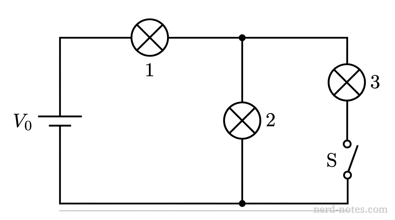A schematic circuit diagram drawn with clean black lines on a white background. On the left vertical branch, there is an ideal battery represented by long and short parallel lines labeled V_0, with the longer line at the top representing the positive terminal. From the top of the battery, a wire extends horizontally to the right, connecting to Lightbulb 1 (drawn as a circle with an X inside, labeled 1). After Lightbulb 1, the wire reaches a junction point that splits into two parallel vertical branches. The first vertical branch contains Lightbulb 2 (drawn as a circle with an X inside, labeled 2). The second vertical branch, to the right of the first, contains Lightbulb 3 (drawn as a circle with an X inside, labeled 3) in series with an open switch labeled S. The bottom of both parallel vertical branches rejoin at a single wire that returns horizontally to the negative terminal at the bottom of the battery. No other components, text, or labels appear.