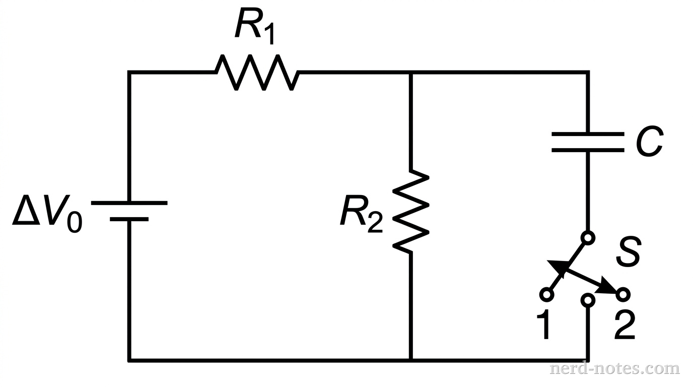 A schematic diagram of an electric circuit. On the left vertical branch is an ideal battery with potential difference \(\Delta V_0\), positive terminal on top. Extending right from the top of the battery is a horizontal segment containing resistor \(R_1\). To the right of \(R_1\), the circuit branches into two parallel vertical paths: a middle vertical branch containing resistor \(R_2\), and a right vertical branch containing capacitor \(C\). Below capacitor \(C\) is a single-pole double-throw switch \(S\). Position 1 connects the capacitor into the circuit parallel to \(R_2\) and in series with \(R_1\) and the battery. Position 2 disconnects the battery and \(R_1\), placing capacitor \(C\) and resistor \(R_2\) in a closed single-loop circuit. A bottom horizontal conductor connects the bottom terminals of \(R_2\), switch \(S\), and the negative terminal of the battery. No other components appear.