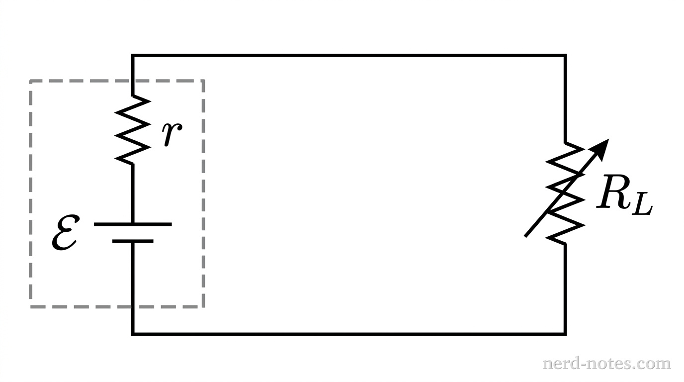 A simple schematic circuit diagram. On the left side, a battery is enclosed by a rectangular dashed box containing an ideal emf source labeled \(\mathcal{E}\) in series with a small resistor labeled \(r\). Two wires extend from the dashed box to the right, connecting in series to a variable resistor represented by a zig-zag resistor symbol with a diagonal arrow drawn through it, labeled \(R_L\). No other labels, lines, text, or axes appear.