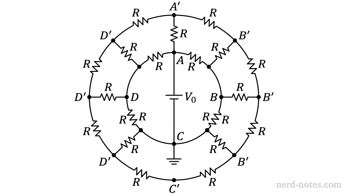A schematic diagram of a planar concentric circuit network. Two concentric circles represent an inner loop and an outer loop. The inner circle features four nodes labeled A at the top, B at the right, C at the bottom, and D at the left. The outer circle features four corresponding nodes labeled A' at the top, B' at the right, C' at the bottom, and D' at the left. Each of the four circular arcs between adjacent nodes on the inner loop contains a resistor symbol labeled R. Each of the four circular arcs between adjacent nodes on the outer loop contains a resistor symbol labeled R. Four straight radial segments connect A to A', B to B', C to C', and D to D', each containing a resistor symbol labeled R. An ideal battery labeled V_0 is connected between node A and node C, with a ground symbol attached to node C. No other labels, lines, text, or axes appear.
