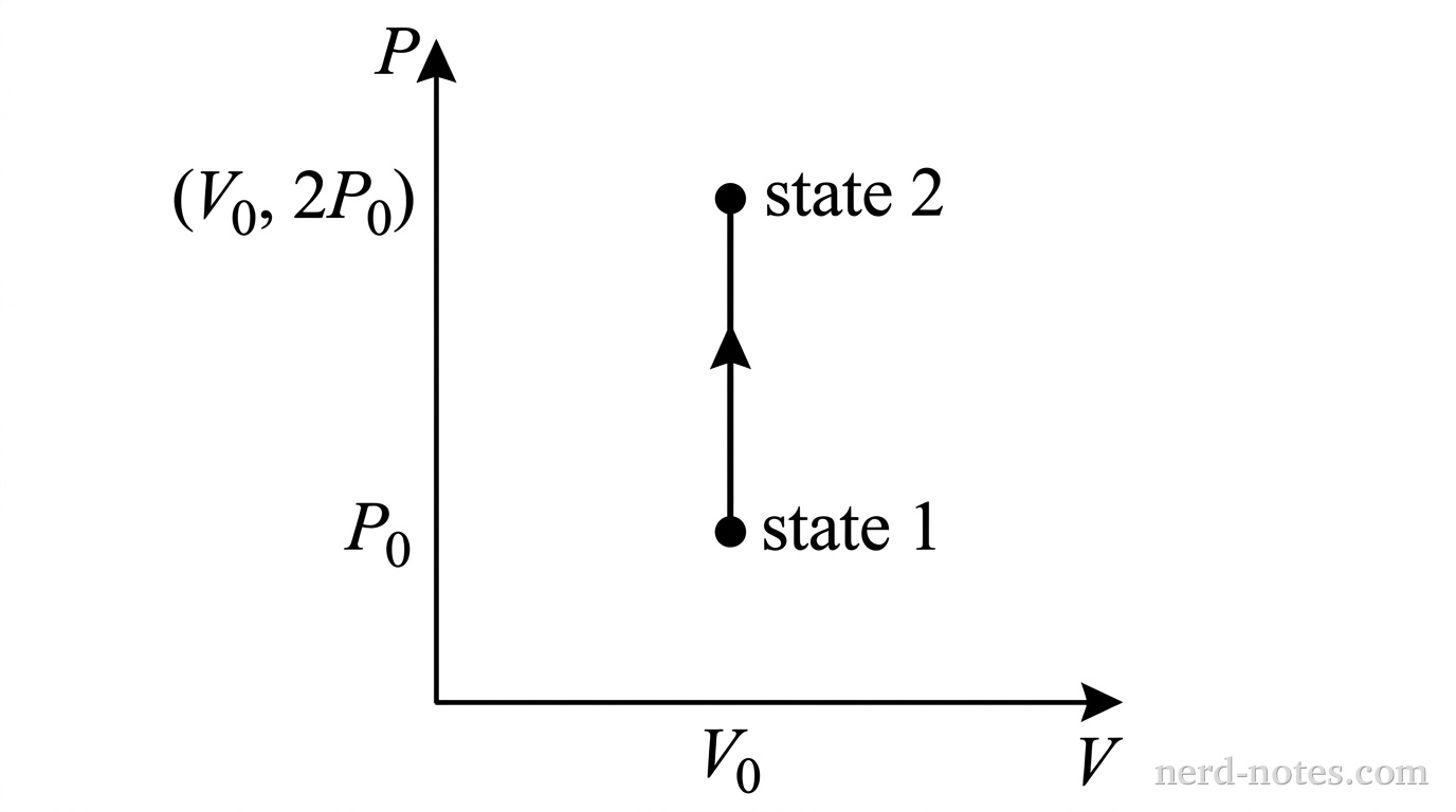 A thermodynamic PV graph with pressure P on the vertical axis and volume V on the horizontal axis. A point labeled state 1 is positioned at coordinates (V_0, P_0). A second point labeled state 2 is positioned directly above state 1 at coordinates (V_0, 2P_0). A solid vertical line with an upward-pointing arrowhead connects state 1 to state 2. The area under the vertical line is zero. No other labels, lines, text, or axes appear.