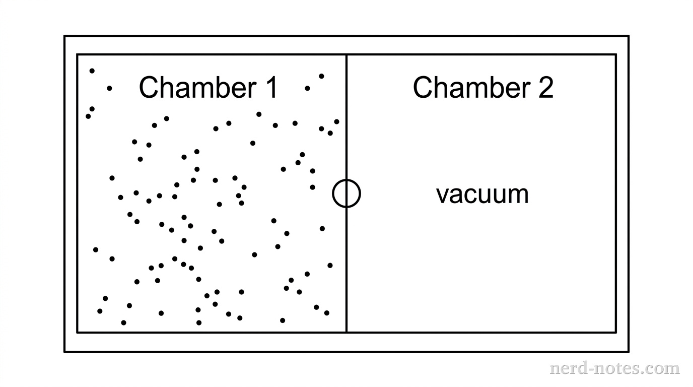 A rectangular, thermally insulated box divided into two equal square chambers, labeled Chamber 1 on the left and Chamber 2 on the right, separated by a thin vertical divider with a valve in the middle. Chamber 1 contains small dots representing ideal gas molecules in random motion. Chamber 2 is completely empty and labeled vacuum. No other labels, lines, text, or axes appear.