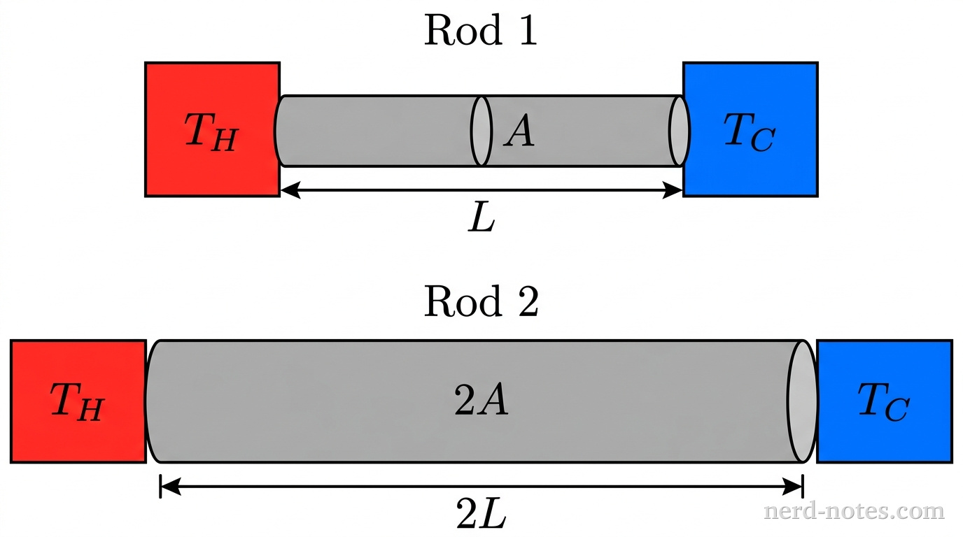 A schematic diagram showing two thermal conduction setups labeled Rod 1 and Rod 2, positioned vertically one above the other. On the left of both setups is a red rectangular block labeled T_H, representing a hot reservoir. On the right of both setups is a blue rectangular block labeled T_C, representing a cold reservoir. Setup 1 shows Rod 1, a grey horizontal cylinder of length L and cross-sectional area A connecting the two reservoirs. Setup 2 shows Rod 2, a wider and longer grey horizontal cylinder of length 2L and cross-sectional area 2A connecting identical T_H and T_C reservoirs. Double-headed dimension arrows indicate length L for Rod 1 and length 2L for Rod 2. No other labels, lines, text, or axes appear.