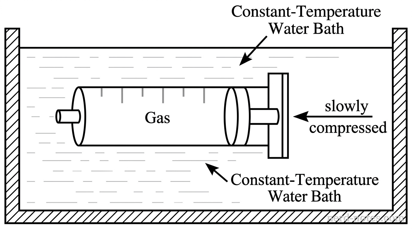 A schematic of a horizontal cylindrical syringe submerged in a container of water labeled Constant-Temperature Water Bath. The syringe contains gas sealed by a plunger on the right. An arrow labeled slowly compressed points leftward against the plunger, reducing the volume of the gas inside.