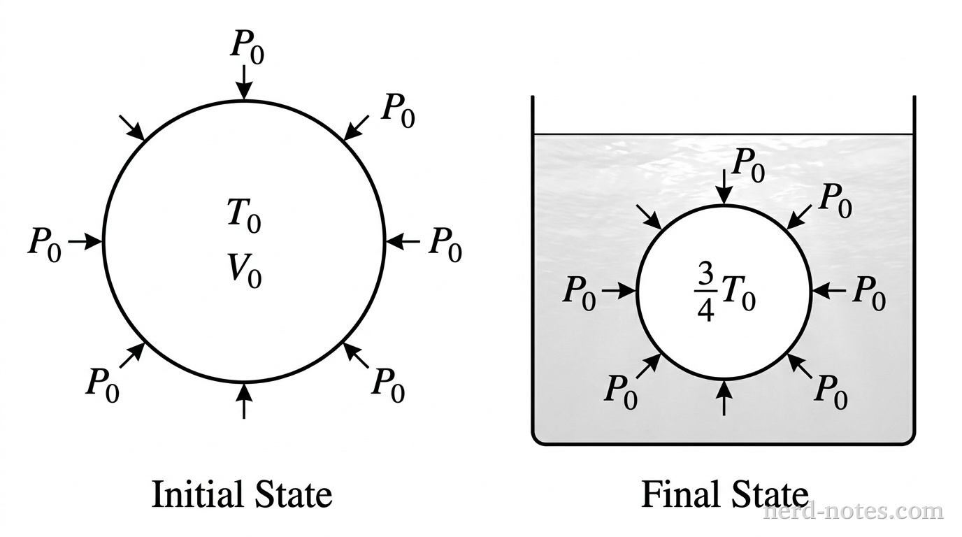 Two side-by-side diagrams of a spherical gas balloon. On the left, labeled Initial State, the balloon is in air with temperature T_0 and volume V_0. On the right, labeled Final State, the balloon is submerged in a container of cool water at temperature 3/4 T_0, appearing smaller. Small inward-pointing arrows on both balloons represent constant external atmospheric pressure P_0. No other labels, lines, text, or axes appear.