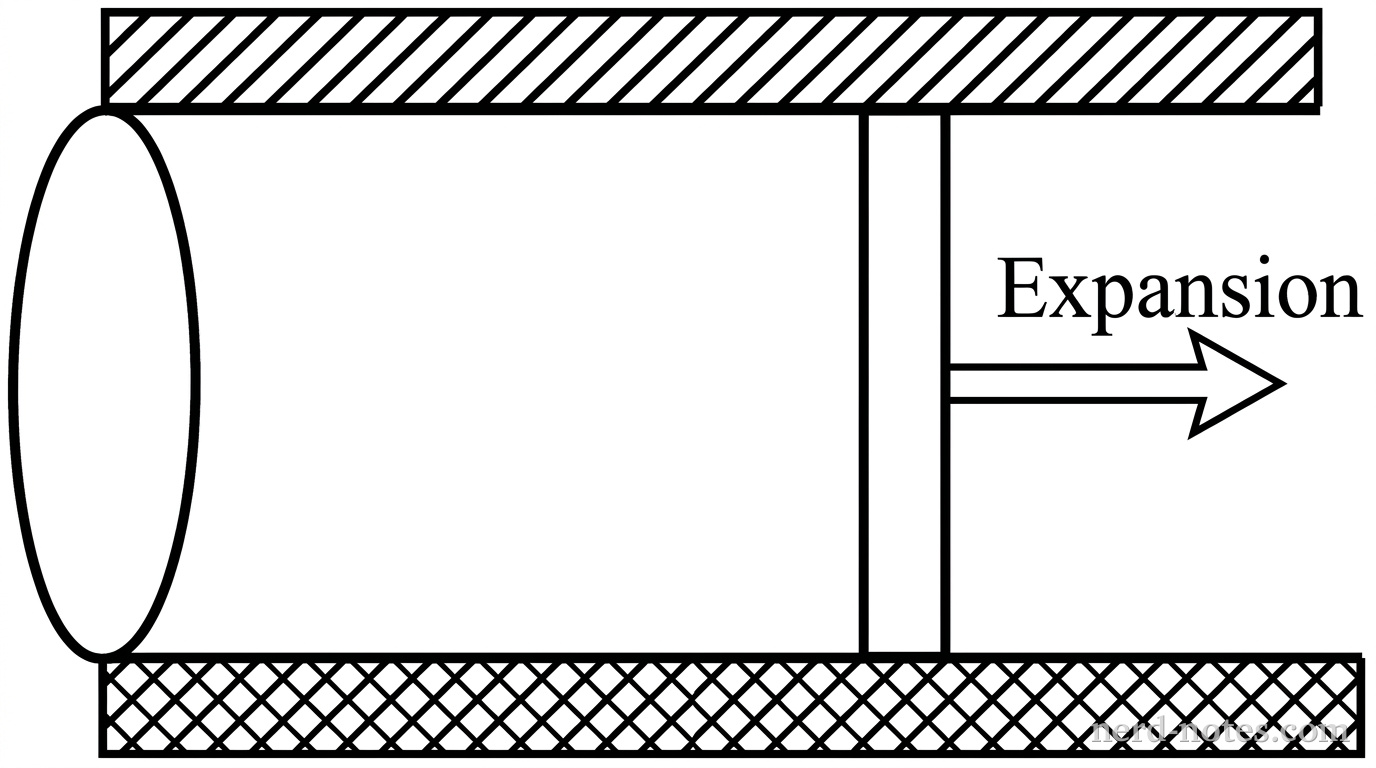A horizontal cylinder with thick hatched walls representing thermal insulation. Inside, an ideal gas is trapped by a vertical frictionless movable piston on the right side. A horizontal arrow labeled 'Expansion' points to the right, showing the movement of the piston. No other labels, lines, text, or axes appear.