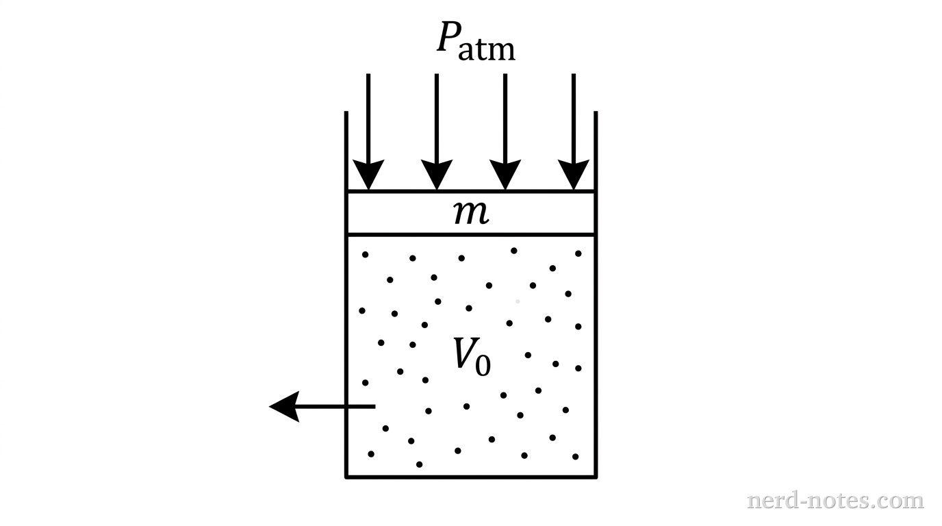 A vertical cylindrical container sealed at the top by a horizontal, weighted piston of mass m. Inside the cylinder, ideal gas particles fill a region of height representing initial volume V_0. Vertical arrows pointing down on top of the piston represent constant atmospheric pressure P_atm. A horizontal arrow pointing left away from the lower cylinder wall indicates heat energy leaving the gas. No other labels, lines, text, or axes appear.