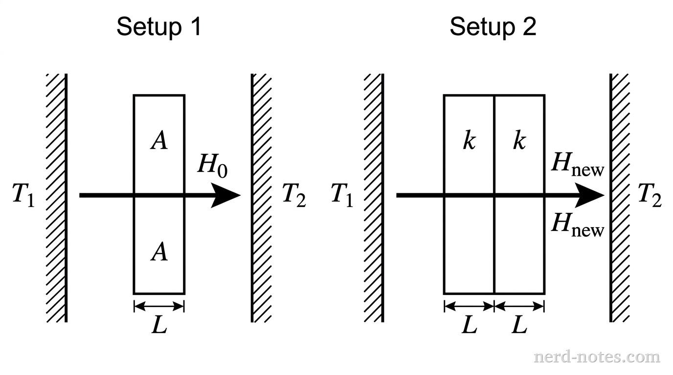 Two schematic diagrams labeled Setup 1 and Setup 2 arranged horizontally side by side. Setup 1 shows a single vertical rectangular block of thickness L and cross-sectional area A between a left wall at temperature T_1 and a right wall at temperature T_2. A horizontal arrow labeled H_0 points from left to right through the block. Setup 2 shows two identical adjacent vertical rectangular blocks, each of thickness L and thermal conductivity k, forming a combined block of total thickness 2L between the same left wall at T_1 and right wall at T_2. A horizontal arrow labeled H_new points from left to right through the combined block. No other labels, lines, text, or axes appear.