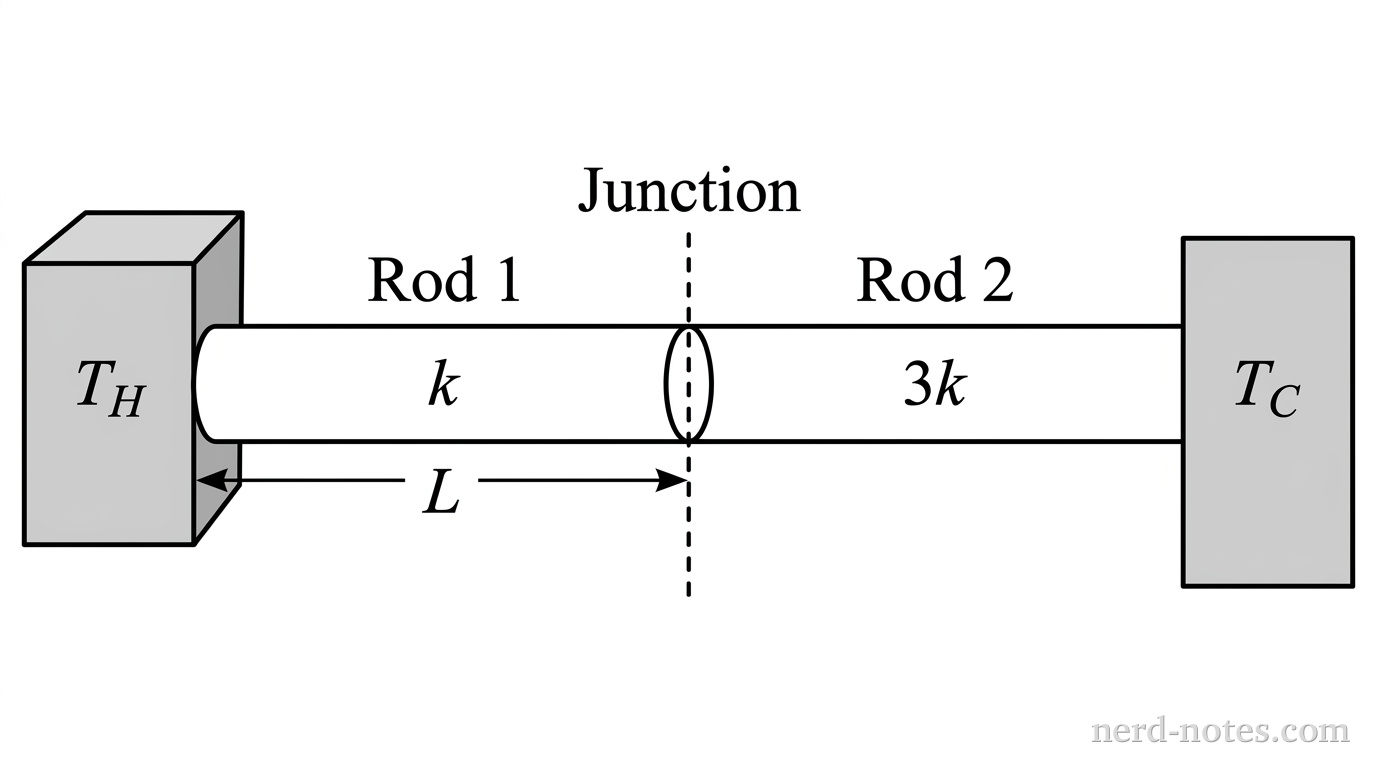 A horizontal diagram showing two thermal reservoirs connected by two cylindrical rods in series. On the far left is a shaded rectangular box labeled T_H. Attached to its right side is a horizontal rectangular rod labeled 'Rod 1' with length labeled L and thermal conductivity labeled k. Attached to the right end of Rod 1 at a vertical dashed line labeled 'Junction' is a second horizontal rectangular rod of equal length and thickness labeled 'Rod 2' with thermal conductivity labeled 3k. The right end of Rod 2 connects to a second shaded rectangular box on the far right labeled T_C. No other labels, lines, text, or axes appear.
