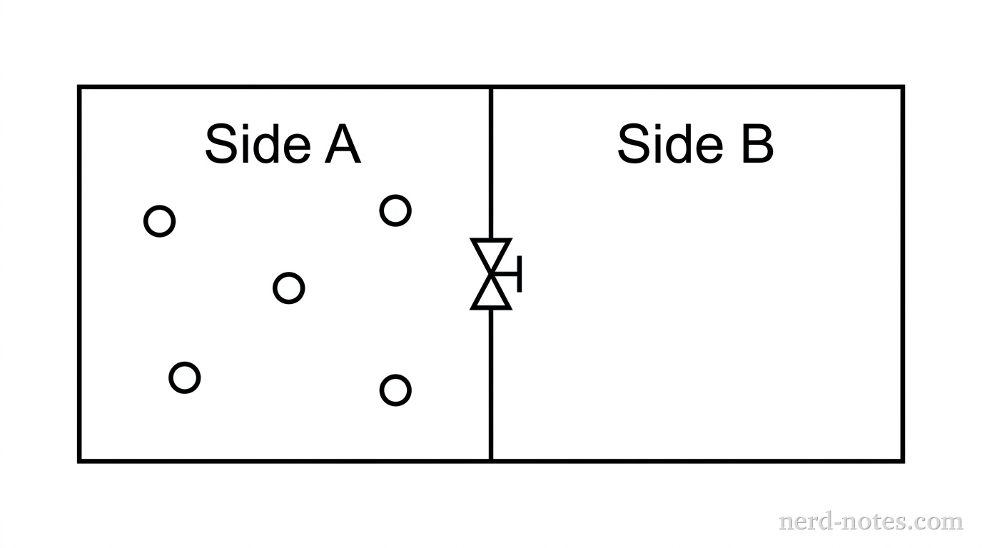 A rectangular box divided into two equal compartments, labeled Side A on the left and Side B on the right, separated by a vertical wall with a central valve symbol. Side A contains four small black circles representing gas particles distributed within the left chamber. Side B is empty, representing a vacuum. No other labels, arrows, or lines appear.