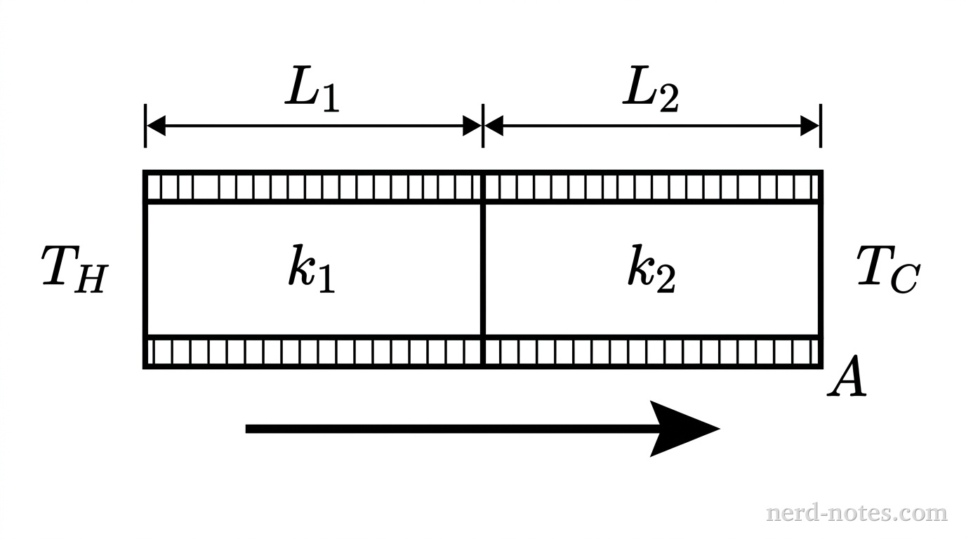 A horizontal composite wall composed of two adjacent rectangular layers sandwiched between two thermal reservoirs. On the left is a region labeled T_H. In the middle, layer 1 of width L_1 and thermal conductivity k_1 is in direct contact with layer 2 of width L_2 and thermal conductivity k_2 to its right. Both layers have the same vertical height and cross-sectional area A. To the right of layer 2 is a region labeled T_C. An arrow points to the right showing the direction of heat flow from T_H to T_C. No other labels, lines, text, or axes appear.