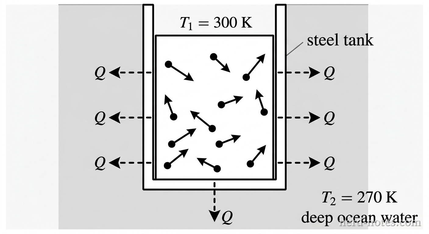 A vertical cross-sectional diagram showing a rigid, thick-walled cylindrical tank labeled steel tank placed inside a large shaded region representing deep ocean water. Inside the container are several small filled circles with short straight arrows pointing in random directions representing gas molecules. Text labels around the container show initial surface temperature T_1 = 300\text{ K} and deep ocean water temperature T_2 = 270\text{ K}. Outward-pointing dashed arrows titled Q extend from the tank walls into the surrounding water. No other labels, lines, text, or axes appear.
