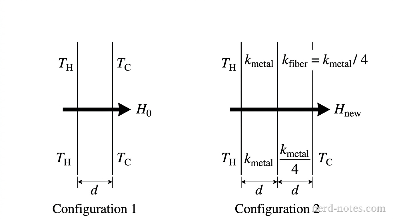 Two side-by-side cross-sectional diagrams labeled Configuration 1 and Configuration 2. On the left, Configuration 1 shows a single vertical wall layer of thickness d with temperature T_H on the left face and T_C on the right face. A horizontal arrow pointing right through the wall is labeled H_0. On the right, Configuration 2 shows two adjacent vertical wall layers each of thickness d. The left layer is labeled k_metal and the right layer is labeled k_fiber = k_metal / 4. Temperature T_H is on the far-left face and T_C is on the far-right face. A horizontal arrow pointing right through both layers is labeled H_new. No other labels, lines, text, or axes appear.
