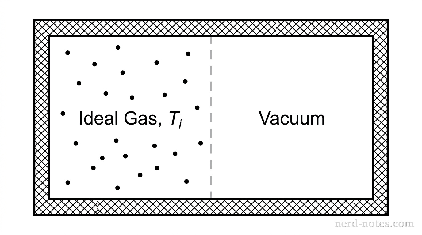 A horizontal rectangular box surrounded by thick cross-hatching indicating thermal insulation. A thin vertical dashed line divides the box into two identical left and right compartments. The left compartment contains uniformly spaced small solid dots labeled 'Ideal Gas, T_i'. The right compartment is blank and labeled 'Vacuum'. No other labels, vectors, or arrows appear.