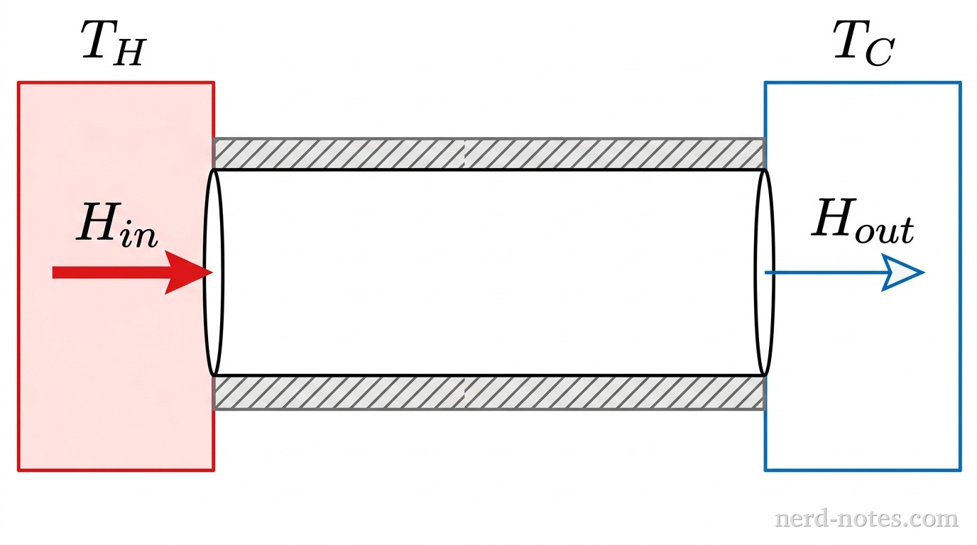 A horizontal cylindrical metal rod centered on a light gray background. The left flat end of the rod is abutted against a red rectangular thermal reservoir labeled T_H. The right flat end of the rod is abutted against a blue rectangular thermal reservoir labeled T_C. The top and bottom curved surfaces of the cylinder are covered by a gray hatched boundary pattern indicating thermal insulation. A thick red horizontal arrow labeled H_in points into the left end of the rod from the red reservoir. A thin blue horizontal arrow labeled H_out points to the right, exiting the right end of the rod into the blue reservoir. No other text, labels, or axes appear.