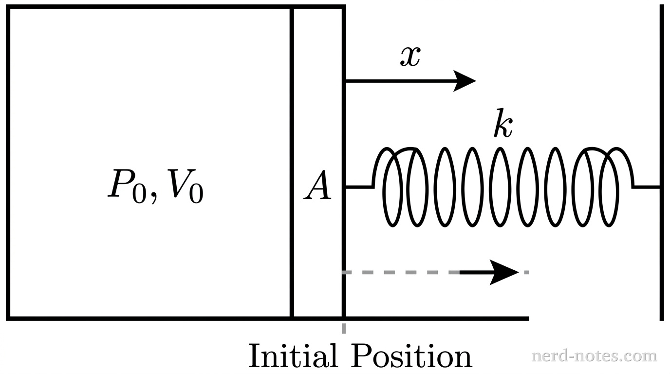 A horizontal rectangular cylinder with closed top, bottom, and left boundaries. Inside the cylinder on the left side, an enclosed gas region is labeled with text \(P_0, V_0\). A vertical solid rectangular piston of cross-sectional area \(A\) seals the gas on the right side. Attached to the center of the right face of the piston, a horizontal coiled spring with spring constant \(k\) extends to the right and attaches to a fixed vertical wall. A horizontal dashed line marks the initial position of the piston's right edge. A rightward arrow parallel to the cylinder indicates displacement \(x\). No other labels, lines, text, or axes appear.