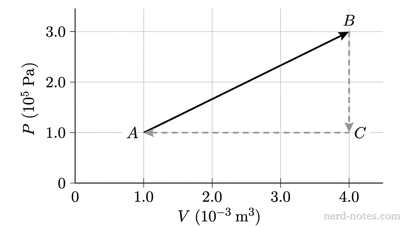 A quantitative graph of pressure P versus volume V. The horizontal axis is labeled V (10^-3 m^3) with tick marks at 0, 1.0, 2.0, 3.0, and 4.0. The vertical axis is labeled P (10^5 Pa) with tick marks at 0, 1.0, 2.0, and 3.0. Three points form a right triangle: point A is at (1.0, 1.0), point B is at (4.0, 3.0), and point C is at (4.0, 1.0). A straight line connects A to B with an arrowhead pointing toward B. A vertical dashed line connects B to C with an arrowhead pointing downward toward C. A horizontal dashed line connects C to A with an arrowhead pointing leftward toward A. No other labels, lines, text, or axes appear.