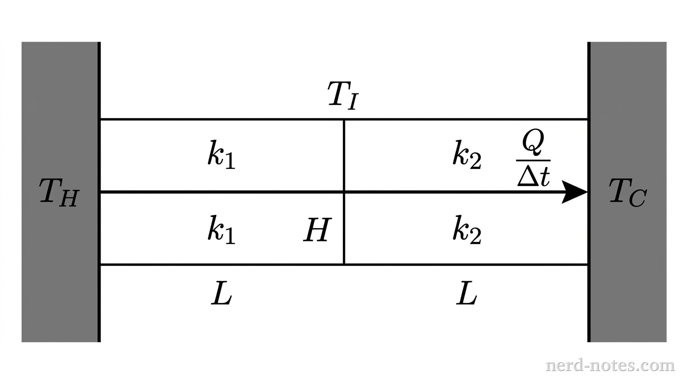 A schematic diagram showing a horizontal arrangement of two rectangular slabs in series between two vertical reservoirs. On the left is a thick vertical grey bar labeled \(T_H\). Attached directly to its right edge is a rectangle of horizontal length \(L\) and height \(H\), labeled \(k_1\). Attached directly to the right edge of the first rectangle is a second rectangle of identical horizontal length \(L\) and height \(H\), labeled \(k_2\). The vertical boundary line between the two rectangles is labeled \(T_I\) at the top. Attached to the right edge of the second rectangle is a second thick vertical dark grey bar labeled \(T_C\). A single horizontal arrow originates inside the left bar, passes horizontally to the right through both rectangles, and ends inside the right bar, labeled \(\dfrac{Q}{\Delta t}\) above the arrow. No other labels, lines, text, or axes appear.