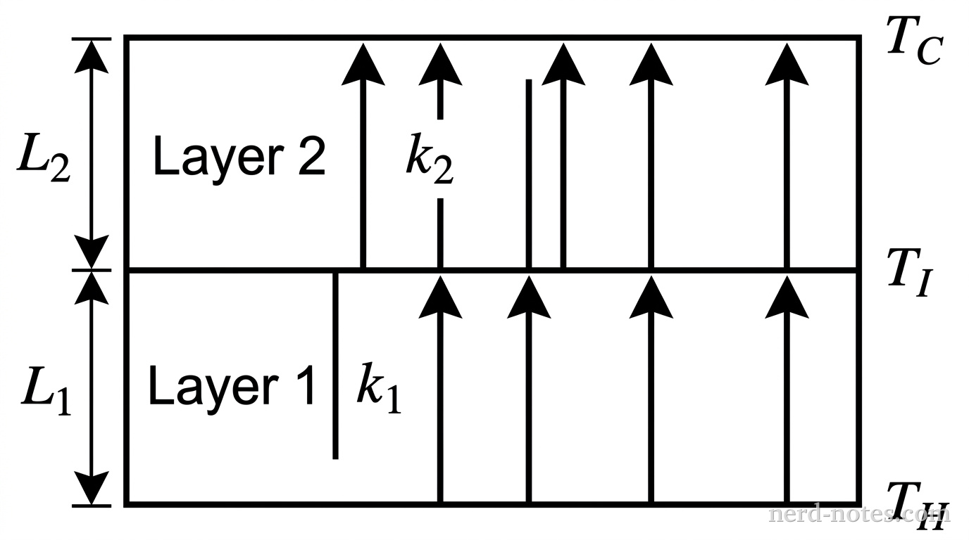 A vertical cross-sectional diagram of two stacked rectangular rock layers. The bottom layer, labeled Layer 1, has thickness L_1 and thermal conductivity k_1. The top layer, labeled Layer 2, has thickness L_2 and thermal conductivity k_2. The horizontal bottom boundary of Layer 1 is labeled with temperature T_H. The horizontal interface between Layer 1 and Layer 2 is labeled with interface temperature T_I. The horizontal top boundary of Layer 2 is labeled with temperature T_C. Vertical arrows pointing upward through the layers indicate heat flow direction. No other labels, lines, text, or axes appear.
