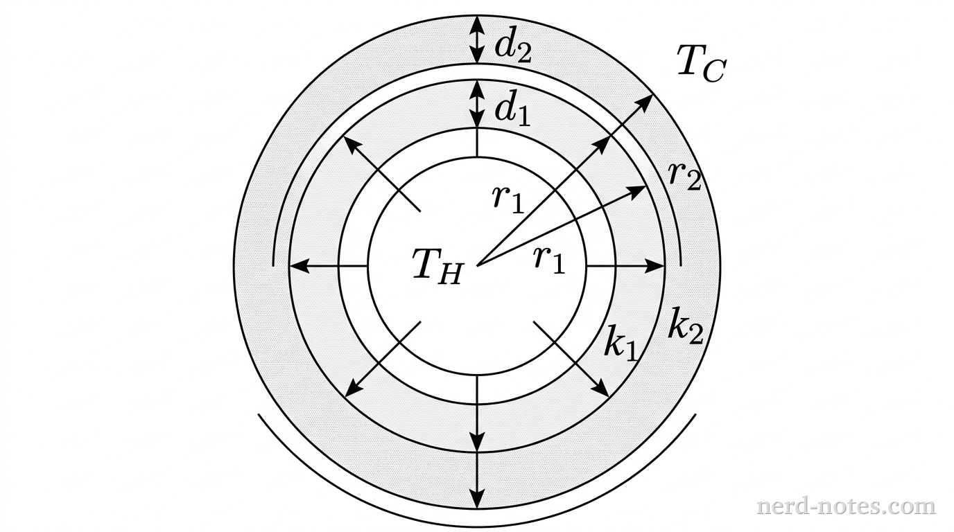 A cross-sectional view of two thin concentric circular rings representing insulating sleeves around a pipe. The inner circular region is labeled \(T_H\). The innermost ring has an average radius labeled \(r_1\), thickness labeled \(d_1\), and thermal conductivity labeled \(k_1\). The outer concentric ring has an average radius labeled \(r_2\), thickness labeled \(d_2\), and thermal conductivity labeled \(k_2\). The outer region surrounding the entire structure is labeled \(T_C\). Straight radial arrows point outward from the central region toward the exterior, indicating heat flow. No other labels, lines, text, or axes appear.