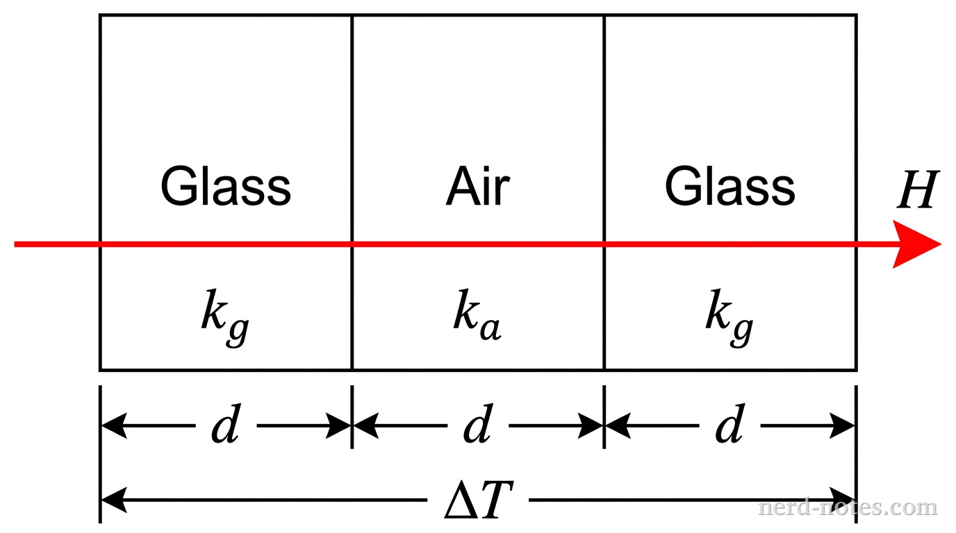 A horizontal cross-sectional diagram showing three adjacent vertical rectangular layers of equal thickness d. The left layer is labeled Glass with thermal conductivity k_g. The center layer is labeled Air with thermal conductivity k_a. The right layer is labeled Glass with thermal conductivity k_g. Double-headed horizontal arrows below each layer indicate that each layer has a thickness d. A red arrow pointing horizontally from left to right through all three layers indicates the steady-state heat transfer rate H. The total temperature difference across all three layers combined is labeled \Delta T. No other lines, labels, or text appear.