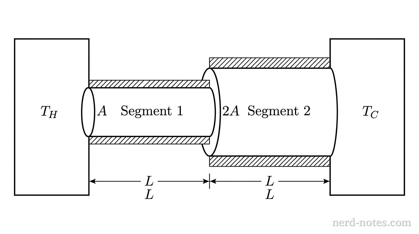 A horizontal composite cylindrical rod connected between two large rectangular thermal reservoirs. On the left is a hot reservoir labeled T_H. Attached to it is Segment 1, a horizontal cylinder of length L and cross-sectional area A. Attached coaxially to the right end of Segment 1 is Segment 2, a horizontal cylinder of the same length L but with a larger cross-sectional area 2A. The right end of Segment 2 attaches to a cold reservoir labeled T_C. The outer curved boundaries of both cylindrical segments feature diagonal hatching lines to represent thermal insulation. No other labels, lines, text, or axes appear.