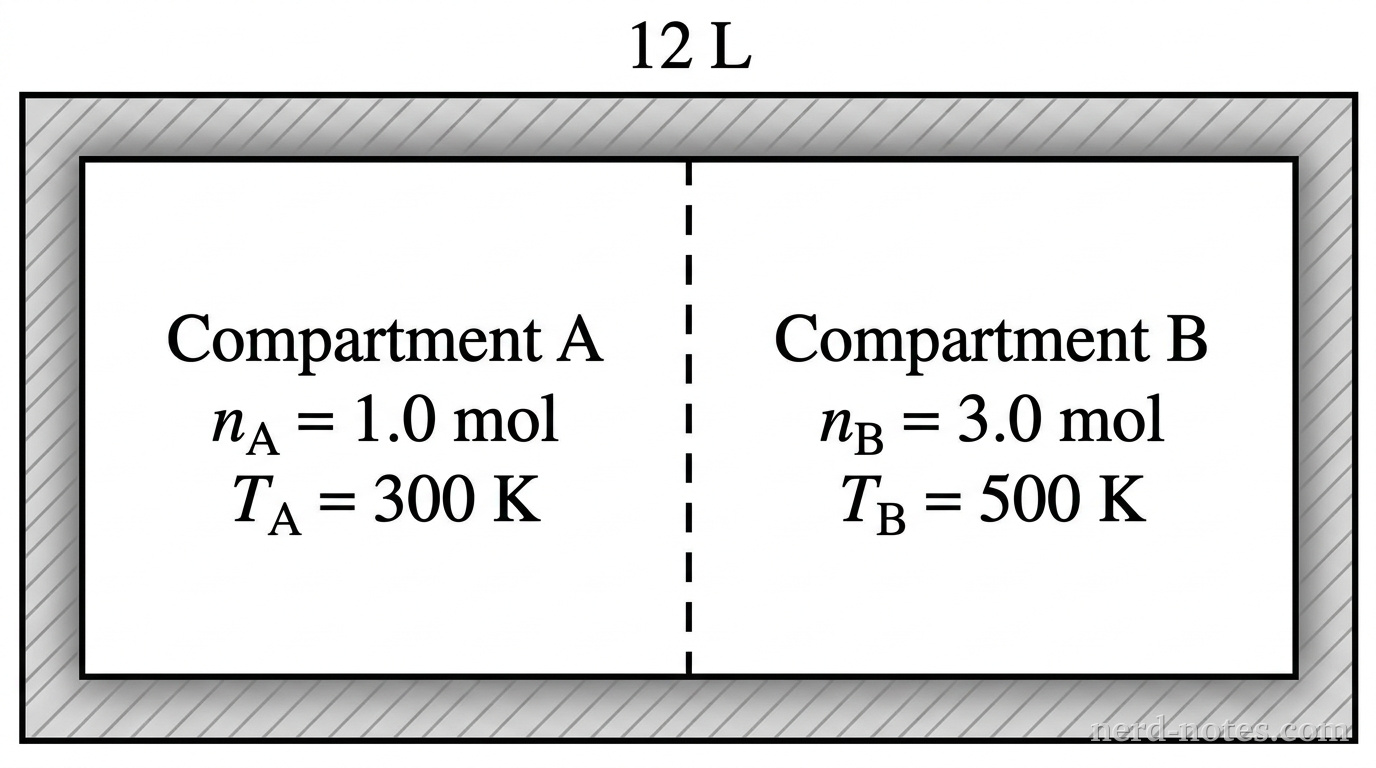 A horizontal rectangle represents a rigid, thermally insulated cylinder with a total volume labeled 12 L. A vertical dashed line in the center represents a moveable, thermally conducting piston dividing the cylinder into two equal compartments of 6 L each. The left compartment is labeled Compartment A and contains text displaying n_A = 1.0 mol, T_A = 300 K. The right compartment is labeled Compartment B and contains text displaying n_B = 3.0 mol, T_B = 500 K. Outer boundary lines are styled with shading to indicate thermal insulation. No other labels, lines, text, or axes appear.