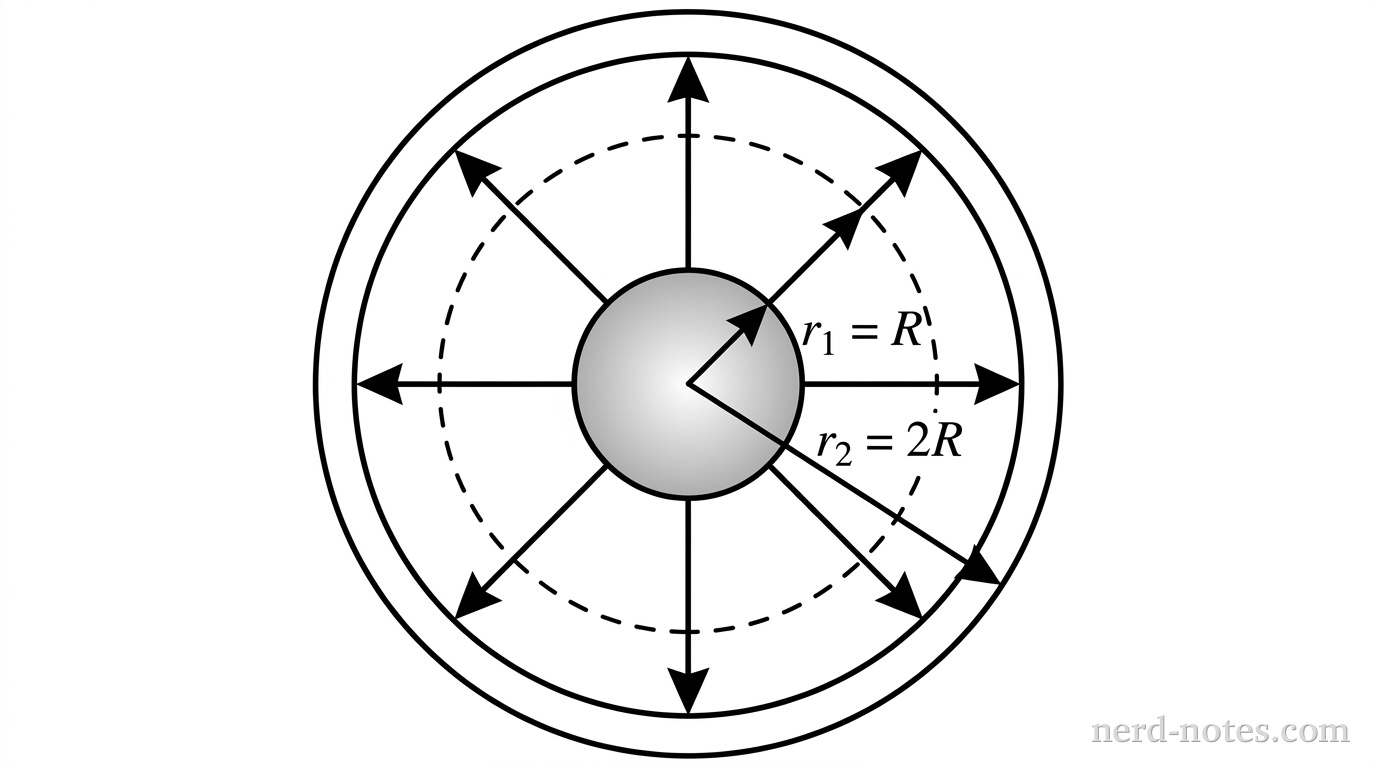 A cross-sectional view of a central spherical heat source surrounded by a thick concentric spherical insulating shell. Two dashed circular boundaries within the shell are drawn at radii r_1 = R and r_2 = 2R from the center. Four radial arrows point outward from the central core through the shell to represent heat flow. Labels r_1 = R and r_2 = 2R mark the two dashed boundaries. No other labels, lines, text, or axes appear.