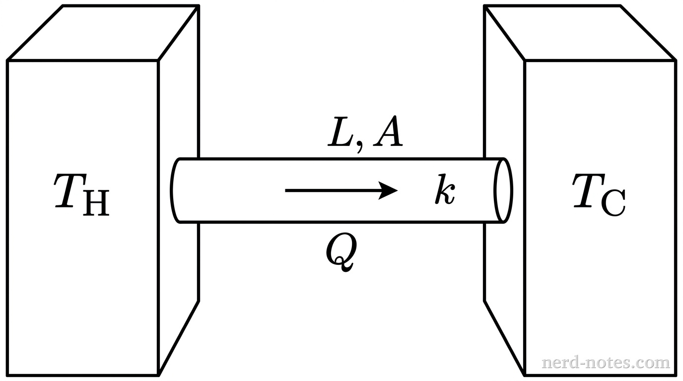 A schematic diagram illustrating heat conduction between two constant-temperature reservoirs. On the left side, a large rectangular block is labeled T_H to represent a hot reservoir. On the right side, an identical large rectangular block is labeled T_C to represent a cold reservoir. Connecting the two reservoirs is a horizontal cylindrical rod labeled with length L, cross-sectional area A, and thermal conductivity k. A single horizontal arrow labeled Q points from left to right along the center of the rod to indicate heat flow from the hot reservoir to the cold reservoir. No other labels, arrows, lines, or background axes appear.