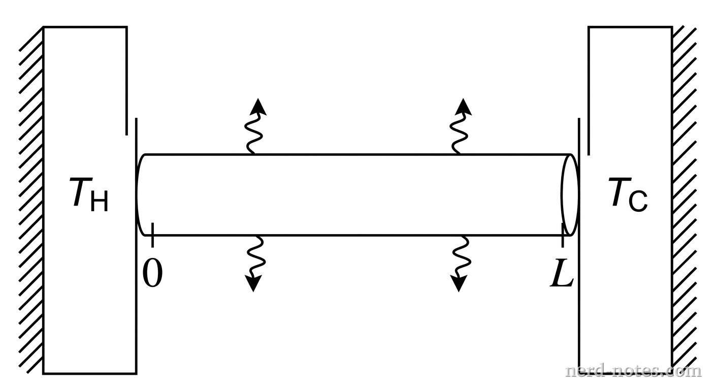 A horizontal cylindrical rod of length L is positioned between two vertical rectangular blocks. The left block is labeled T_H and the right block is labeled T_C. The left end of the rod is at x = 0 and the right end is at x = L. Four small squiggly arrows point outward vertically (two pointing upward from the top surface, two pointing downward from the bottom surface) along the length of the rod to represent lateral heat loss. No other labels, lines, text, or axes appear.