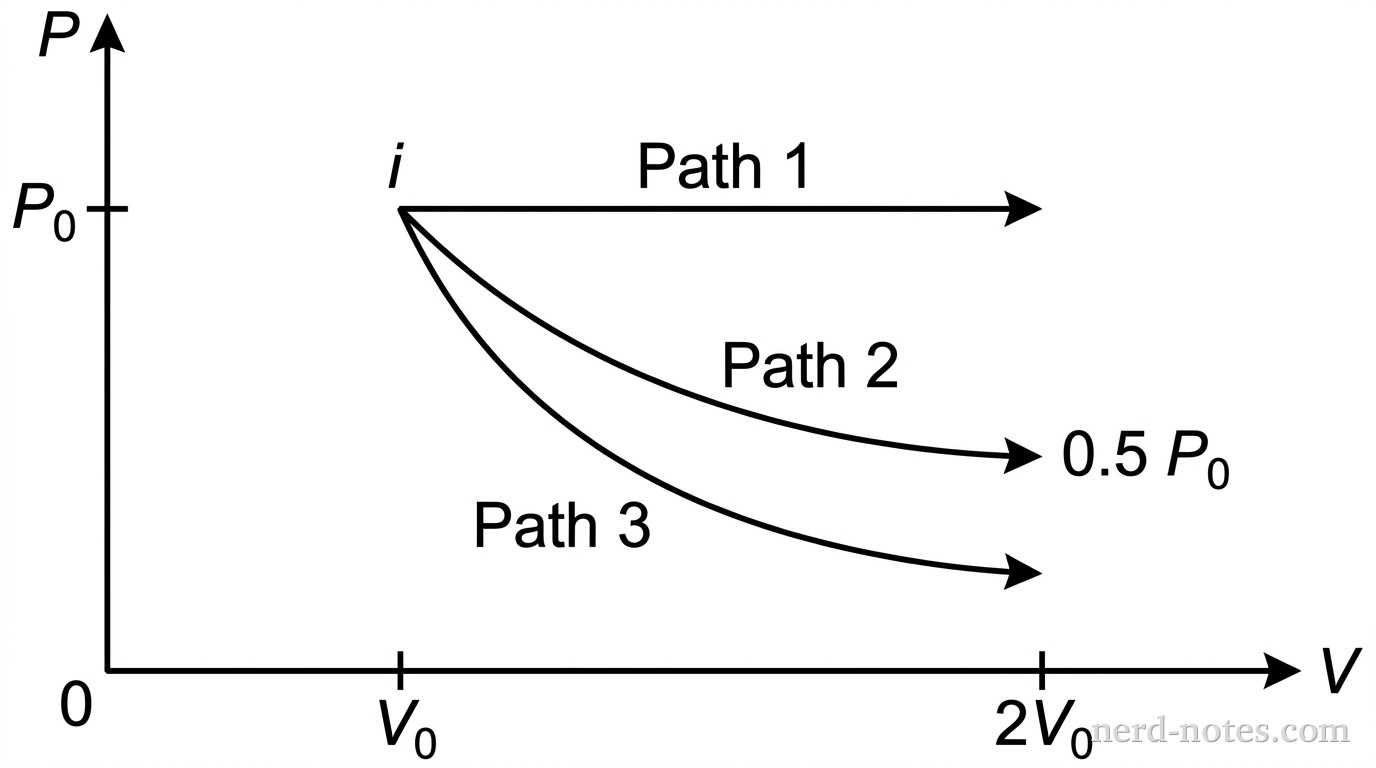 A PV diagram with pressure P on the vertical axis and volume V on the horizontal axis. The origin represents zero volume and pressure. On the horizontal axis, two volume values are labeled: V_0 and 2V_0. On the vertical axis, one pressure value is labeled: P_0. An initial state point labeled i is located at coordinates (V_0, P_0). Three paths originate from state point i and extend to a final volume of 2V_0. Path 1 is a horizontal line segment from (V_0, P_0) to (2V_0, P_0) with an arrow pointing right, labeled Path 1. Path 2 is a smooth curve bending downward from (V_0, P_0) to a point at volume 2V_0 with pressure equal to 0.5 P_0, with an arrow pointing down and right, labeled Path 2. Path 3 is a steeper curve bending downward below Path 2 from (V_0, P_0) to a point at volume 2V_0 with pressure less than 0.5 P_0, with an arrow pointing down and right, labeled Path 3. No other labels, lines, text, or axes appear.