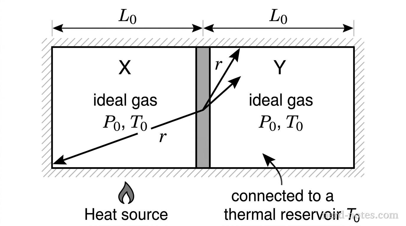 A horizontal cylindrical container with rigid outer boundary walls and fixed end caps. Inside, a vertical movable piston divides the cylinder into two equal compartments labeled X on the left and Y on the right. Both compartments initially have length L0. Compartment X contains an ideal gas at pressure P0 and temperature T0. Compartment Y contains an ideal gas at pressure P0 and temperature T0. A small heat source flame symbol is shown beneath compartment X, and compartment Y is labeled as connected to a thermal reservoir at temperature T0. No other labels, lines, text, or axes appear.