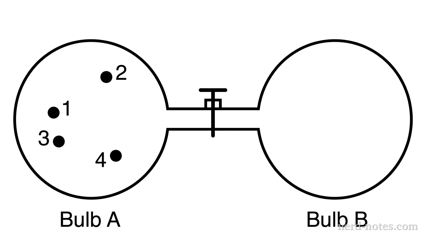 Two identical spherical bulbs, labeled Bulb A on the left and Bulb B on the right, are connected by a narrow horizontal tube with a valve in the middle. Inside Bulb A, four distinct circular particles labeled 1, 2, 3, and 4 are shown. Bulb B is completely empty. The valve on the connecting tube is shown in a closed position. No other labels, lines, text, or axes appear.