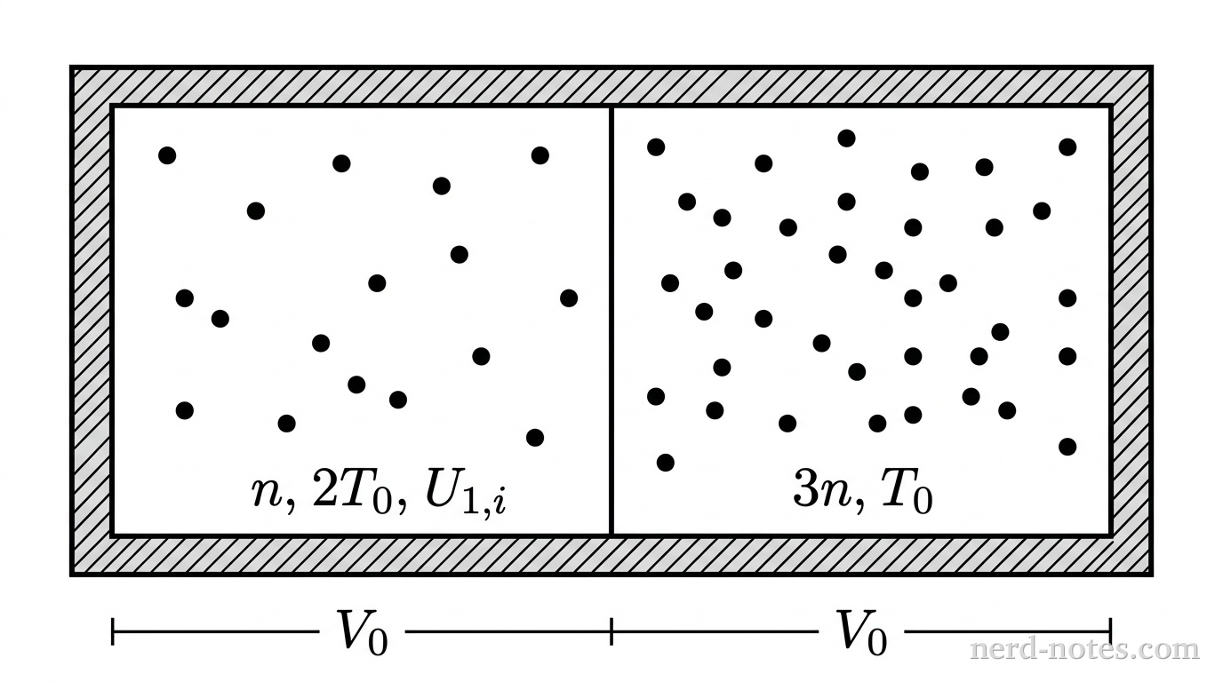 A rectangular outer container oriented horizontally with thick shaded borders representing thermal insulation. A thin vertical line divides the container into two equal left and right compartments labeled Section 1 and Section 2. Section 1 on the left contains small randomly placed circles representing gas atoms, labeled with text n, 2T_0, and U_{1,i}. Section 2 on the right contains three times as many small randomly placed circles, labeled with text 3n and T_0. A horizontal line at the bottom shows equal width markers labeled V_0 for each section. No other labels, lines, text, or axes appear.