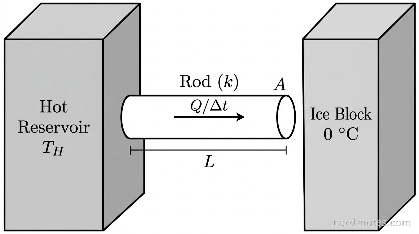 A horizontal diagram showing two rectangular blocks connected by a horizontal cylindrical rod. On the left is a large shaded rectangle labeled 'Hot Reservoir' at temperature \(T_H\). On the right is a large shaded rectangle labeled 'Ice Block' at temperature \(0\text{ }^\circ\text{C}\). Between them is a horizontal cylinder of length \(L\) and cross-sectional area \(A\), labeled 'Rod (\(k\))'. A horizontal arrow inside the rod points from left to right, labeled '\(Q/\Delta t\)'. No other labels, lines, text, or axes appear.